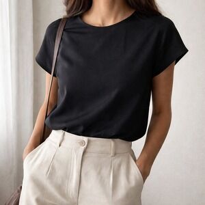 Calvin Klein Collection Silk Top Blouse M Women's Short Sleeve Button Back